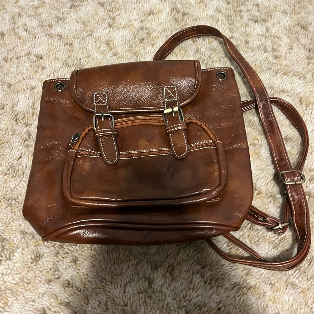 brown leather, mini backpack